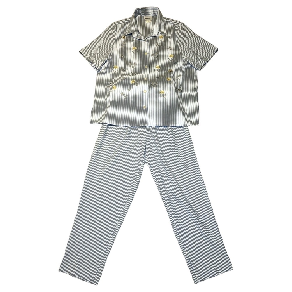 BonWorth Womens Small Vintage Petite Blue White Pant Set Textured